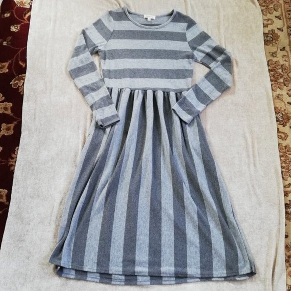 Hailey & Co. Nautical Striped Long Sleeve Grey Midi Dress Size Small